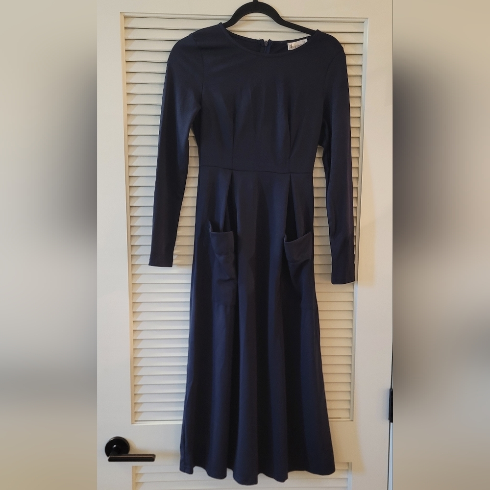 Auxo Collection - (NWOT) Navy Long-Sleeve Dress With Zipper Back & Front …